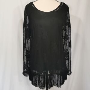 Salon Studio Long Sleeve Floral Mesh/Lace Scoop Neck Blouse with Fringe - S M
